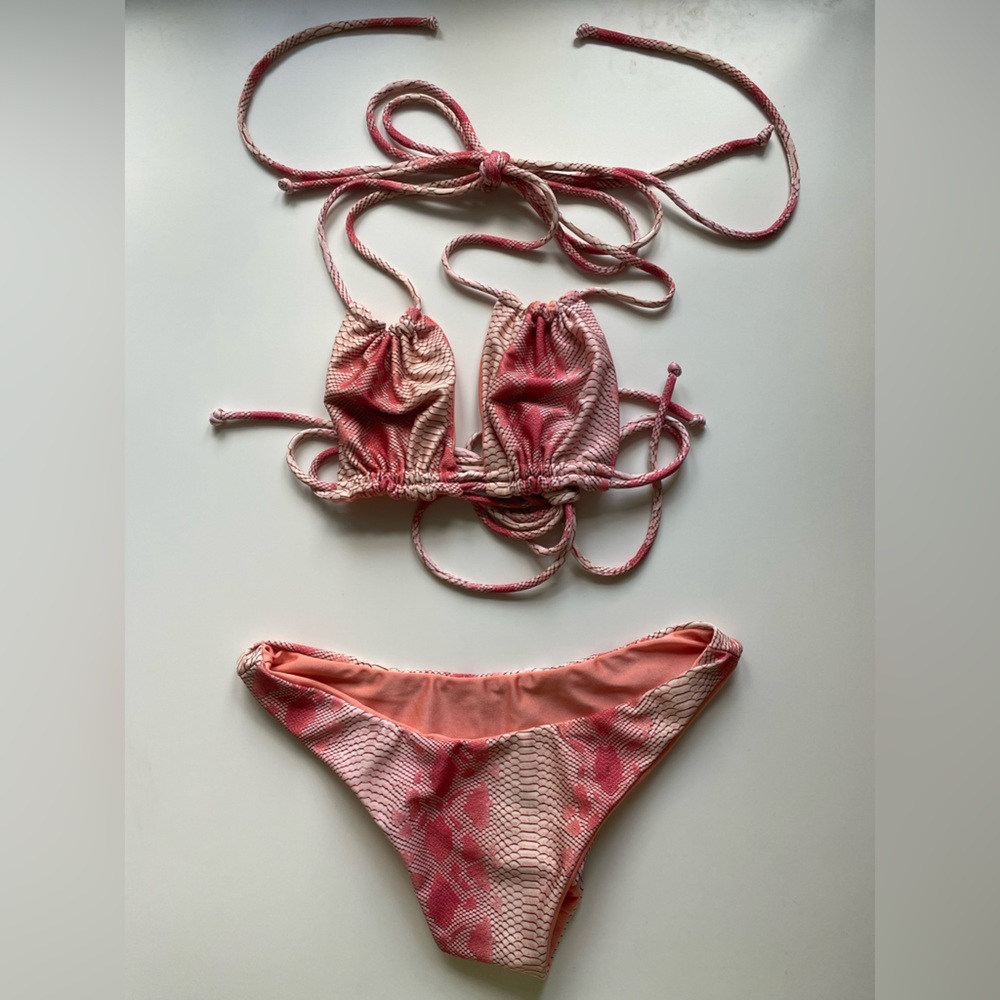 Pink Snake Skin Print Strappy Bikini